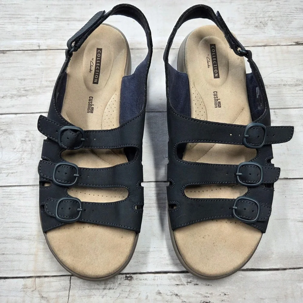 Clarks Saylie Quartz Sandals Women 9.5W Navy Blue Slingback Cushion Soft Strappy